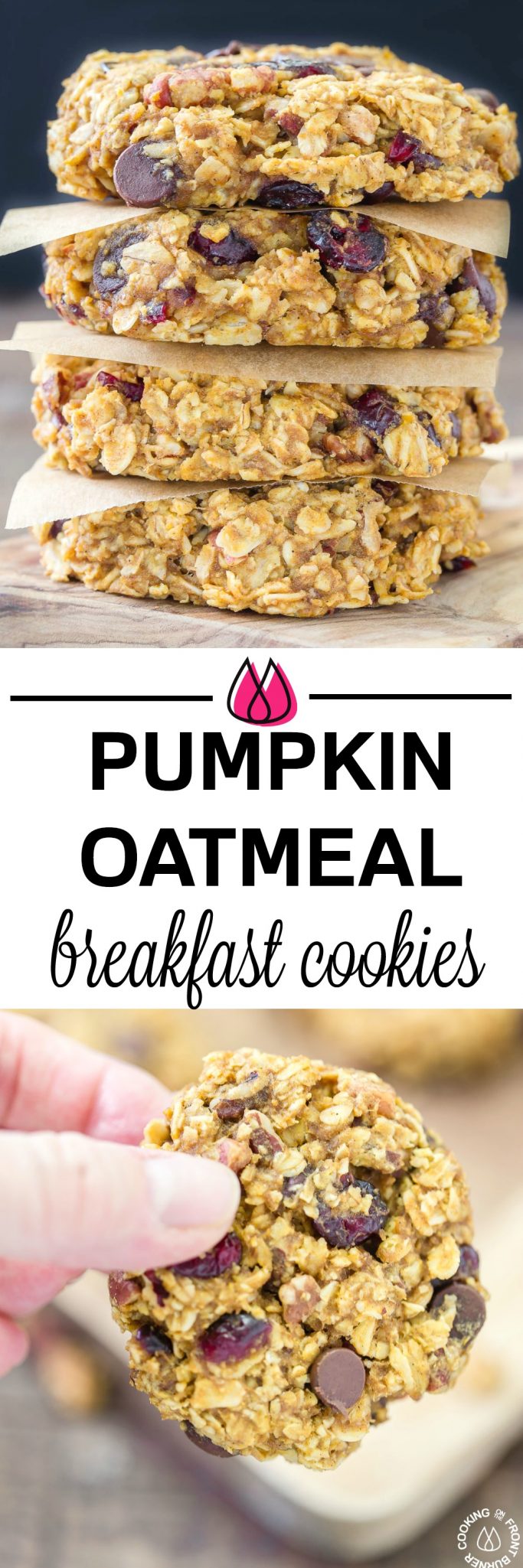 These grab-n-go Pumpkin Oat Breakfast Cookies are easy to make with good for you oats, pumpkin, a bit of chocolate, pecans and dried cranberries. Make ahead for those times when you are in a hurry but want something healthy to fuel your day!