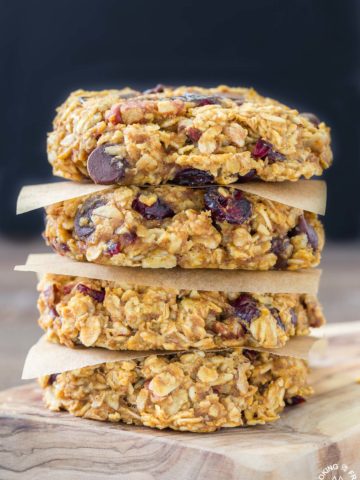 These grab-n-go Pumpkin Oatmeal Breakfast Cookies are easy to make with good for you oats, pumpkin, a bit of chocolate, pecans and dried cranberries.  Make ahead for those times when you are in a hurry but want something healthy to fuel your day!