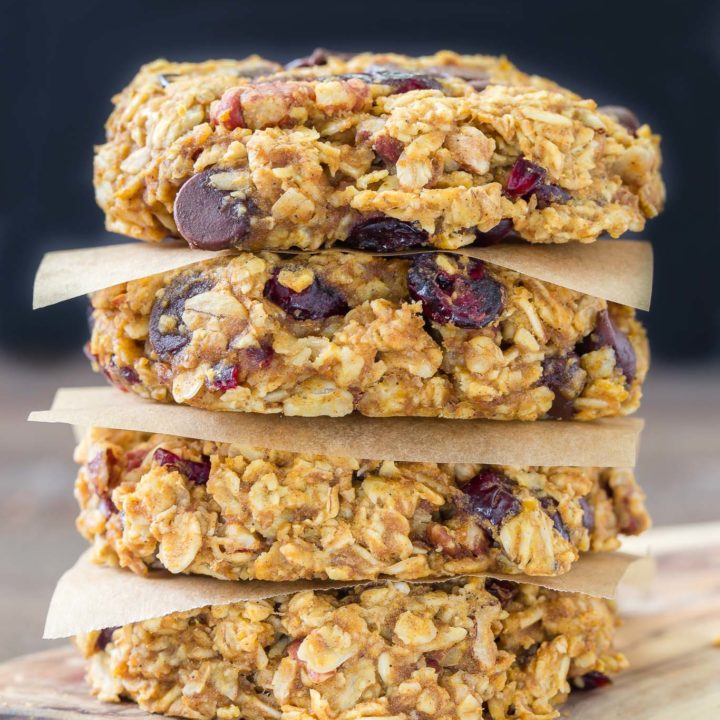 These grab-n-go Pumpkin Oatmeal Breakfast Cookies are easy to make with good for you oats, pumpkin, a bit of chocolate, pecans and dried cranberries.  Make ahead for those times when you are in a hurry but want something healthy to fuel your day!