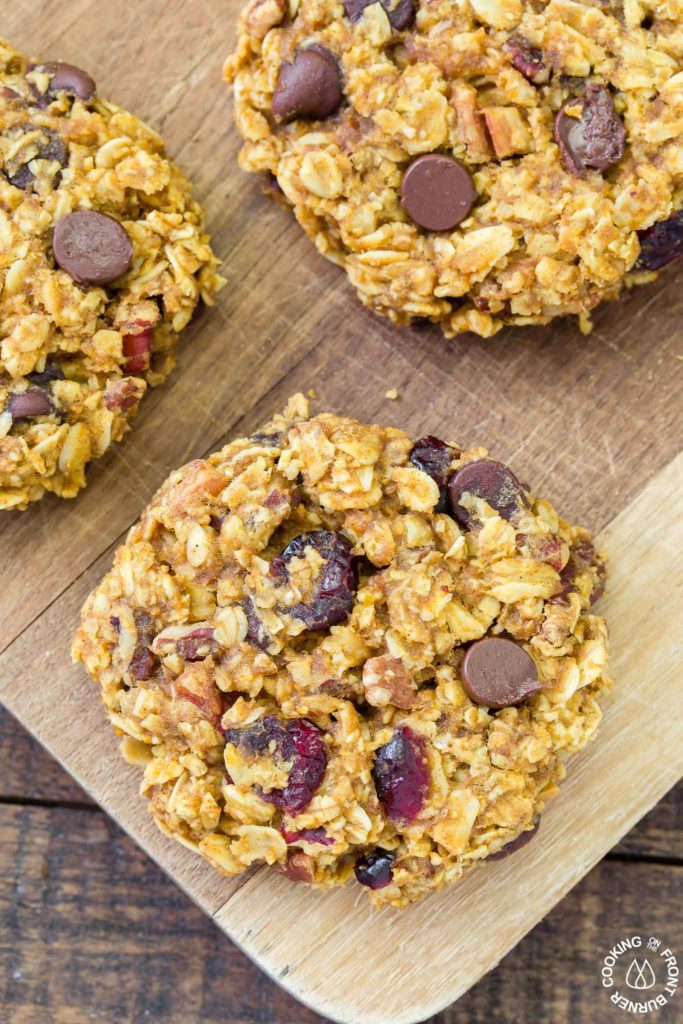 These grab-n-go Pumpkin Oat Breakfast Cookies are easy to make with good for you oats, pumpkin, a bit of chocolate, pecans and dried cranberries.  Make ahead for those times when you are in a hurry but want something healthy to fuel your day!