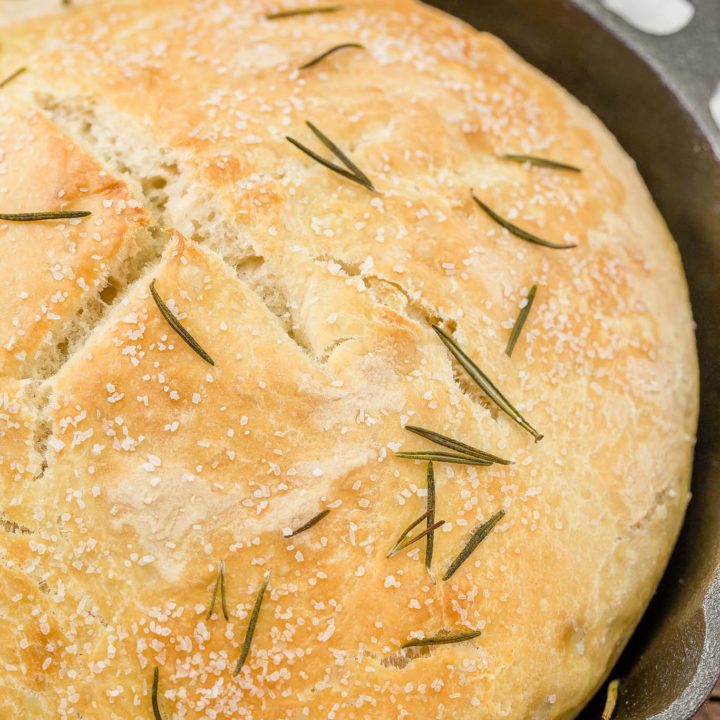 This No Knead Skillet Bread is the easiest around town with only four ingredients.  Start it mid-afternoon and serve it with your favorite meal tonight!