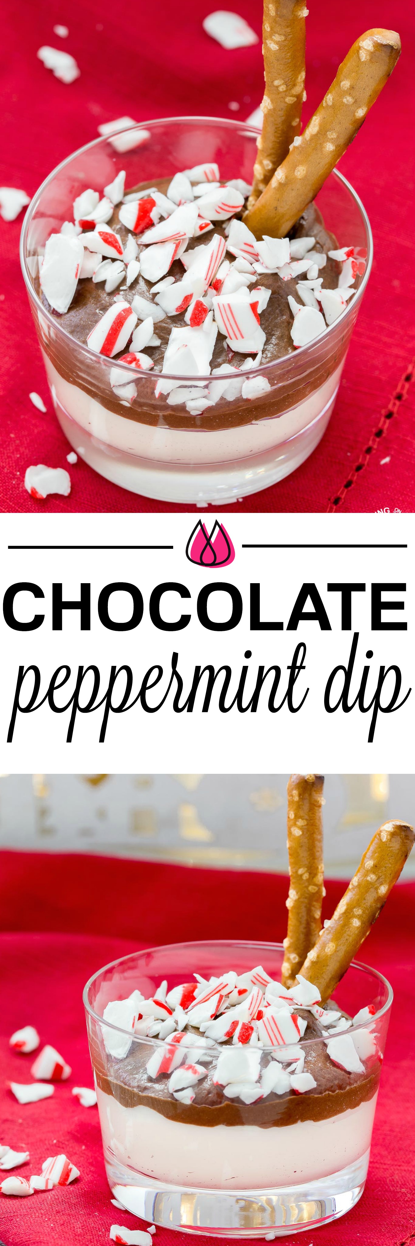 This holiday Chocolate Peppermint Dip is a great snack recipe to have on hand that everyone will love.  It has two kinds of chocolate, mint and salty pretzels for dippers that make a great combo to satisfy that sweet tooth! #peppermint #chocolate #dip