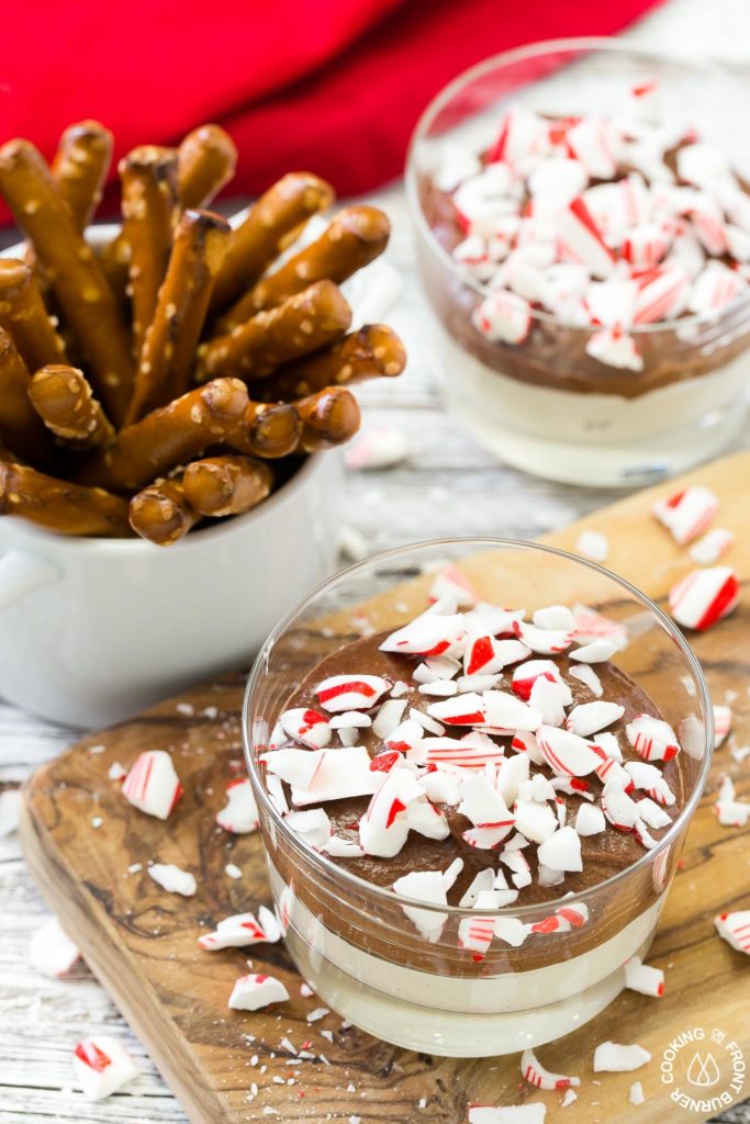 This holiday Chocolate Peppermint Dip is a great snack recipe to have on hand that everyone will love.  It has two kinds of chocolate, mint and salty pretzels for dippers that make a great combo to satisfy that sweet tooth!