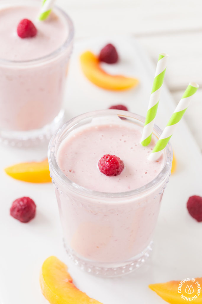 Making this Healthy Peach Raspberry Smoothie is easy to prepare and makes a delicious breakfast beverage or snack. It is so simple with frozen raspberries and peaches with yogurt, soy milk and a touch of honey.