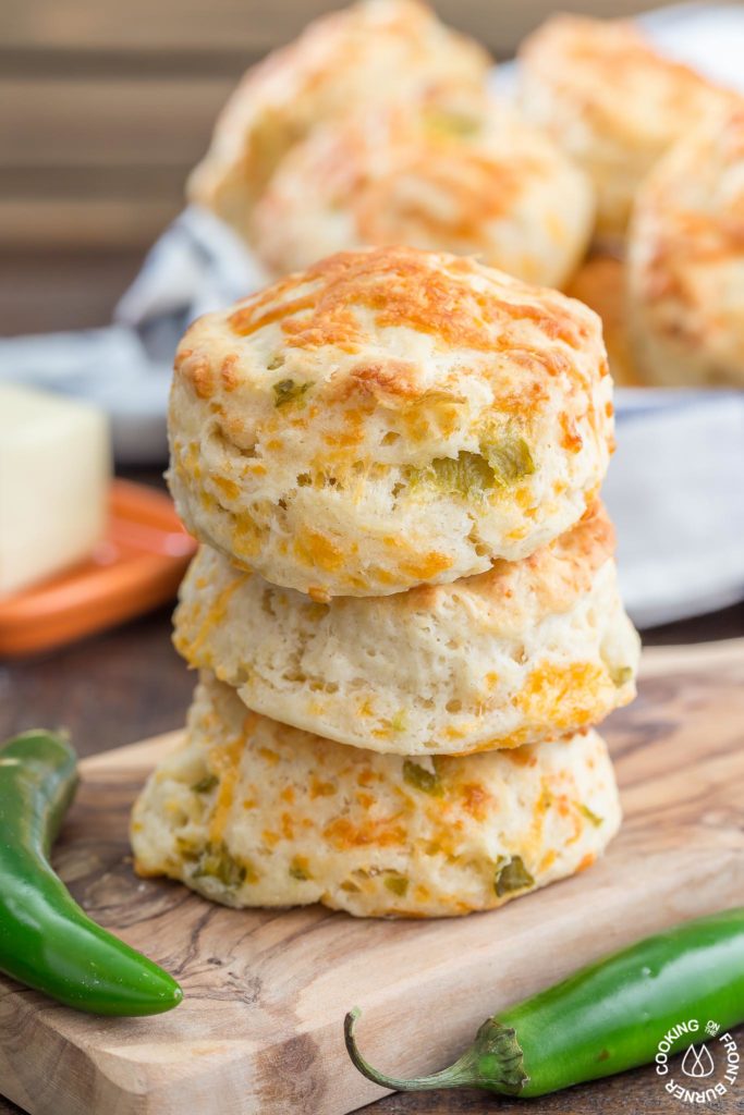 These Green Chile Cheddar Biscuits are perfect with a bowl of your favorite soup or chili.  They are light, fluffy and kicked up a notch with green chilies.  Eating them by themselves is a good snack idea too!
