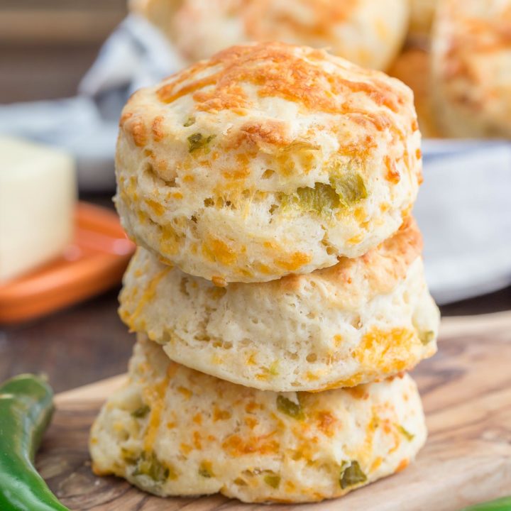 These Green Chile Cheddar Biscuits are perfect with a bowl of your favorite soup or chili.  They are light, fluffy and kicked up a notch with green chilies.  Eating them plain too is a good idea!