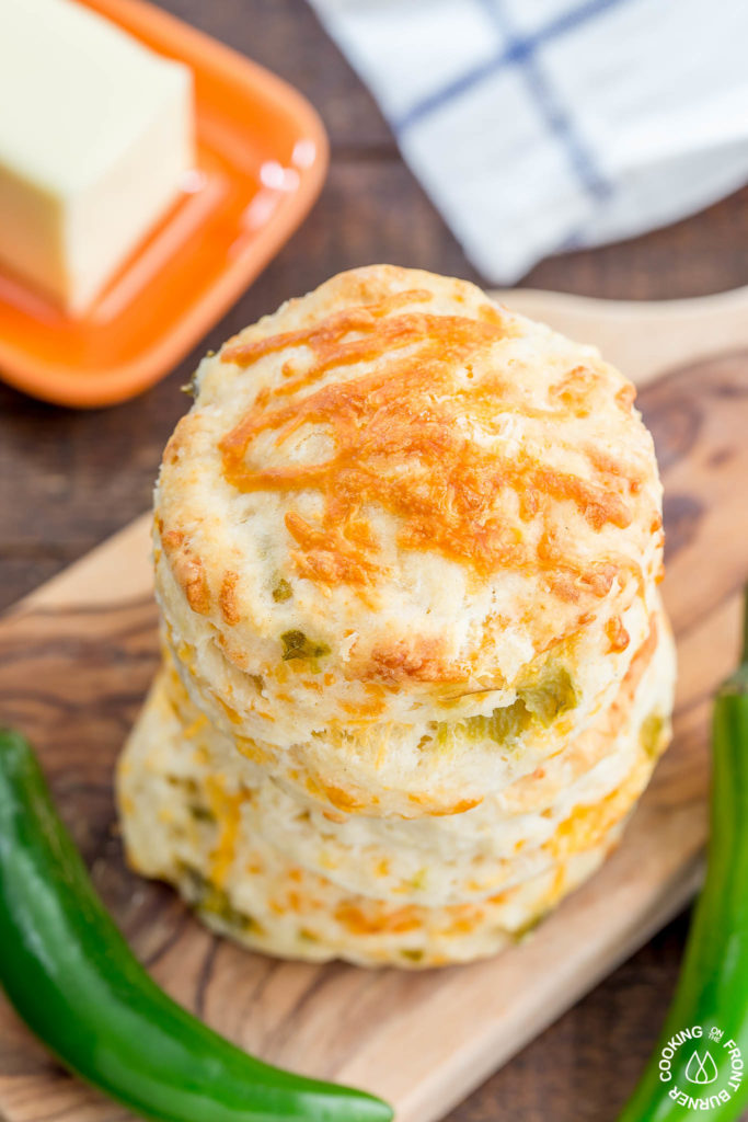 These Green Chile Cheddar Biscuits are perfect with a bowl of your favorite soup or chili.  They are light, fluffy and kicked up a notch with green chilies.  Eating them by themselves is a good snack idea too!