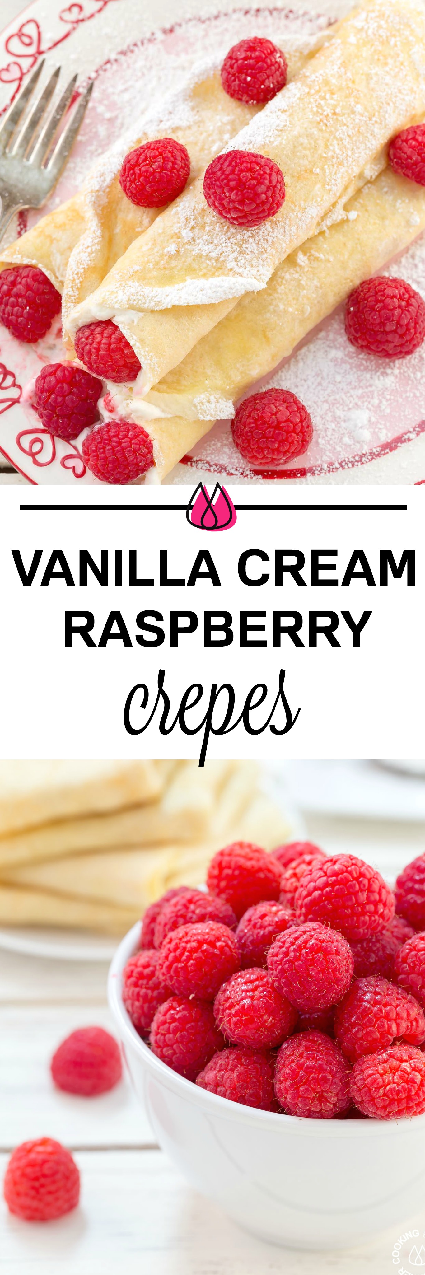 These Raspberry Vanilla Cream Crepes make the perfect dessert for Valentine's Day or any time you want to impress that someone special.  The crepes have a creamy vanilla filling and the fresh raspberries add a pop of color. #crepes #vanillacream #dessert #valentineday