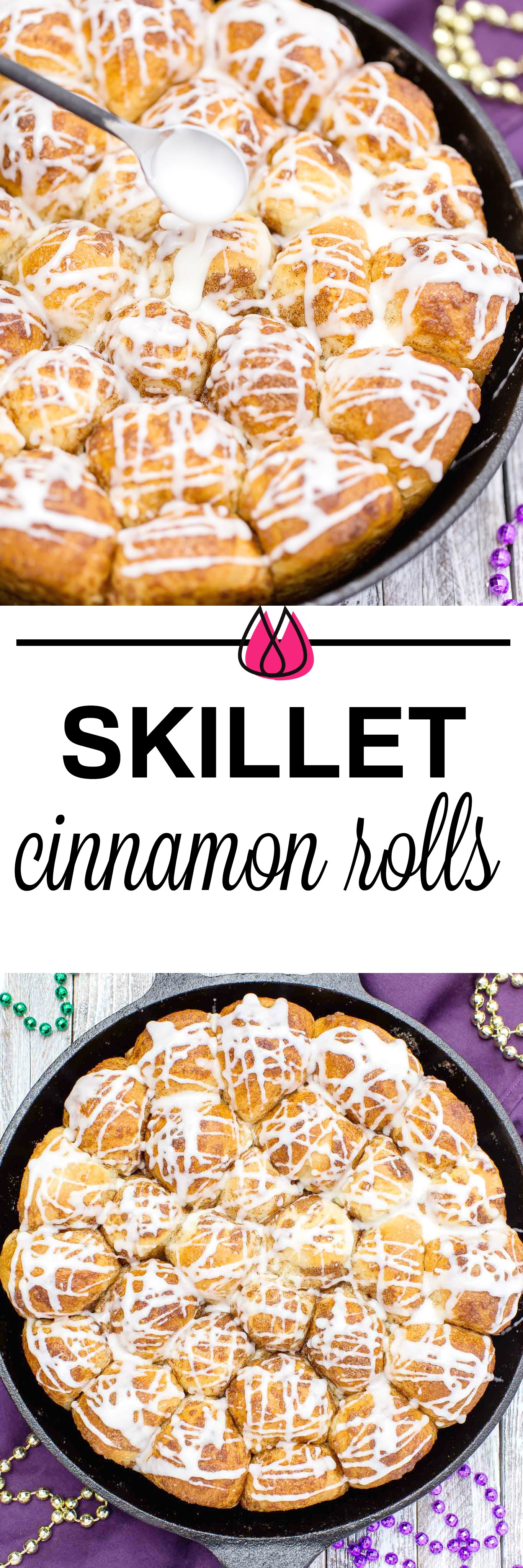 Your taste buds will be tantalized with these Skillet Cinnamon Rolls.  They are easy to make by starting with frozen rolls, the right amount of cinnamon and sugar and drizzled with a vanilla glaze.  Your kitchen will smell amazing too while they are baking! #breakfast #skilletrolls #cinnamon rolls