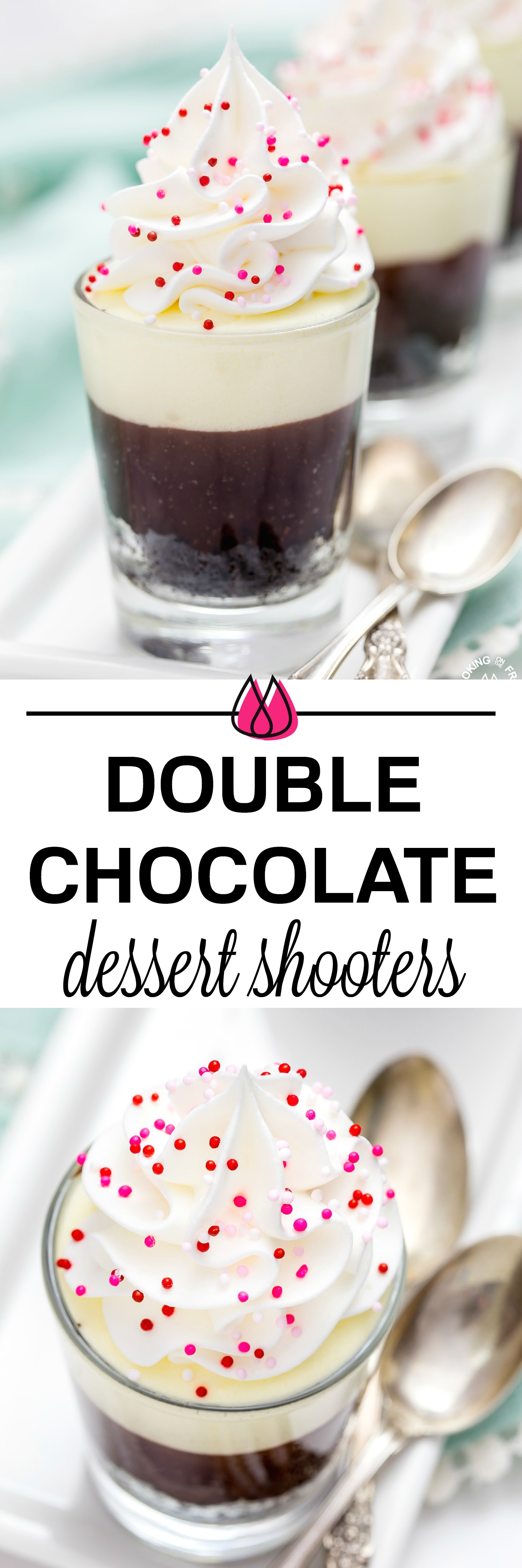 These no-bake Double Chocolate Mousse Shooters make the perfect mini dessert.  They have an chocolate crumb crust, a dark chocolate truffle layer then topped with a creamy white chocolate mousse.  You can even have more than one, I'll never tell! #chocolate #shooters #mousse 