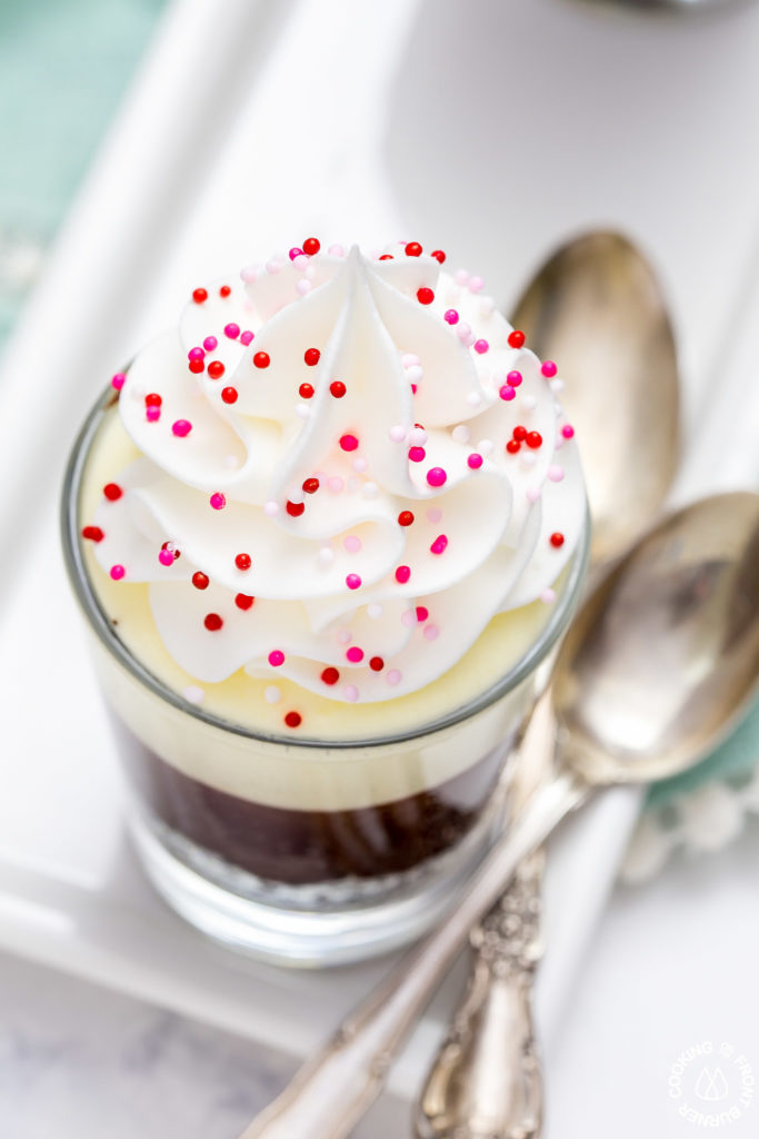 These no-bake Double Chocolate Mousse Shooters make the perfect mini dessert.  They have an chocolate crumb crust, a dark chocolate truffle layer then topped with a creamy white chocolate mousse.  You can even have more than one, I'll never tell!
