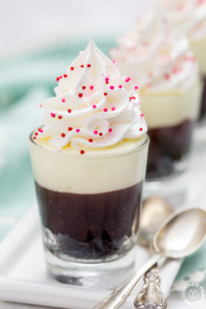 These no-bake Double Chocolate Mousse Shooters make the perfect mini dessert.  They have an chocolate crumb crust, a dark chocolate truffle layer then topped with a creamy white chocolate mousse.  You can even have more than one, I'll never tell!