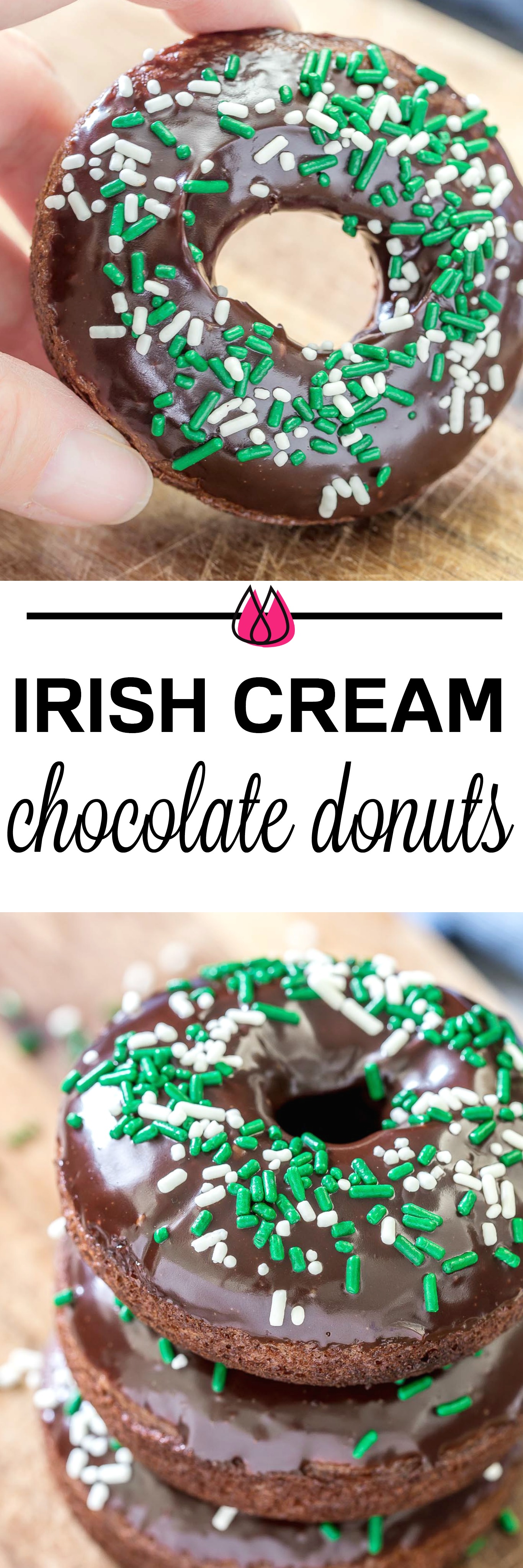 These chocolate Irish Cream Glazed Donuts are baked - not fried - and have a thick layer of chocolate ganache and festive sprinkles.  They are so easy to make and are perfect for breakfast for a sweet treat! #donuts #chocolate #ganache #irishcream #baked