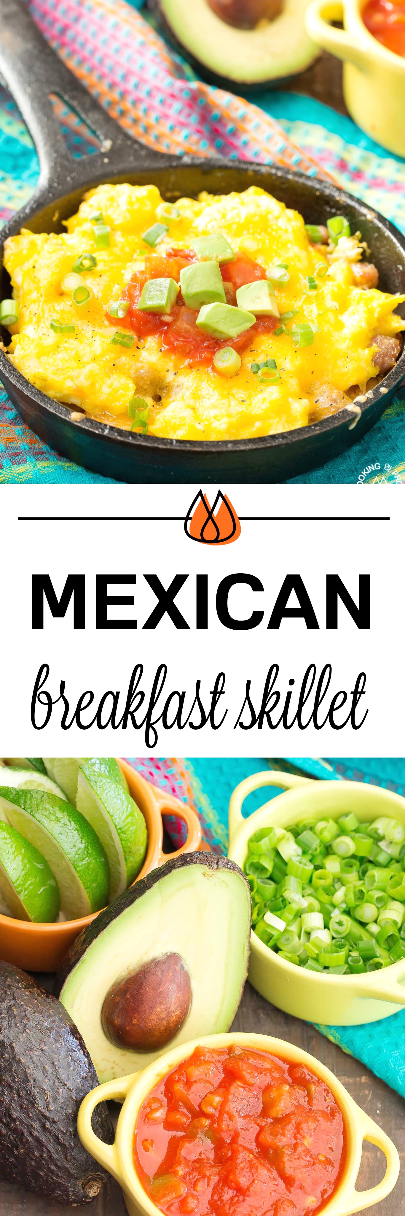 You will love waking up to this Mexican Breakfast Skillet Pizza that will be your favorite meal of the day! The skillet is lined with crispy tator tots, lots of gooey cheese, sausage, eggs, green chilies and great toppings. #mexican #skillet #breakfastpizza