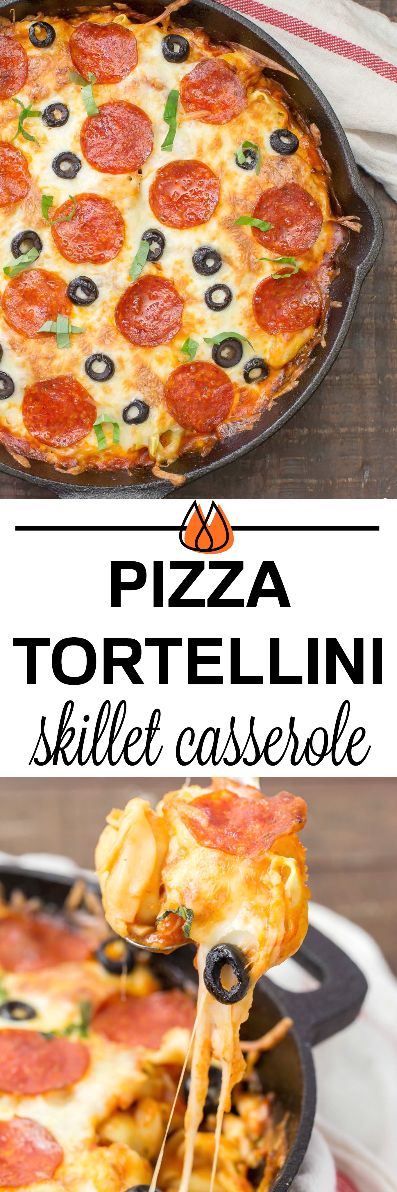 In 30 minutes you can serve this Pizza Tortellini Skillet Casserole on the family table.  Talk about freaky fast and delicious!  It's a very comforting dish with tender cheese pasta, a rich marinara sauce, pepperoni, olives and two kinds of cheeses and all baked in one skillet!   #skillet #pasta #casserole #30minute