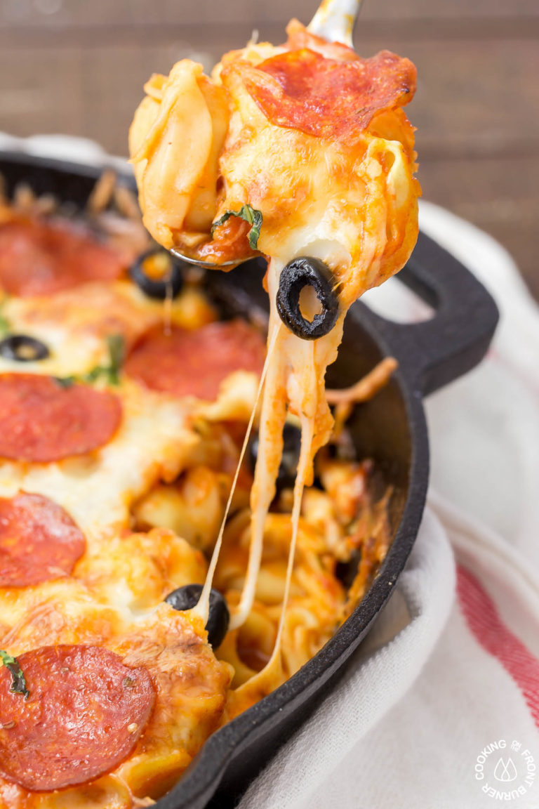 Pizza Tortellini Skillet Casserole Cooking on the Front Burner