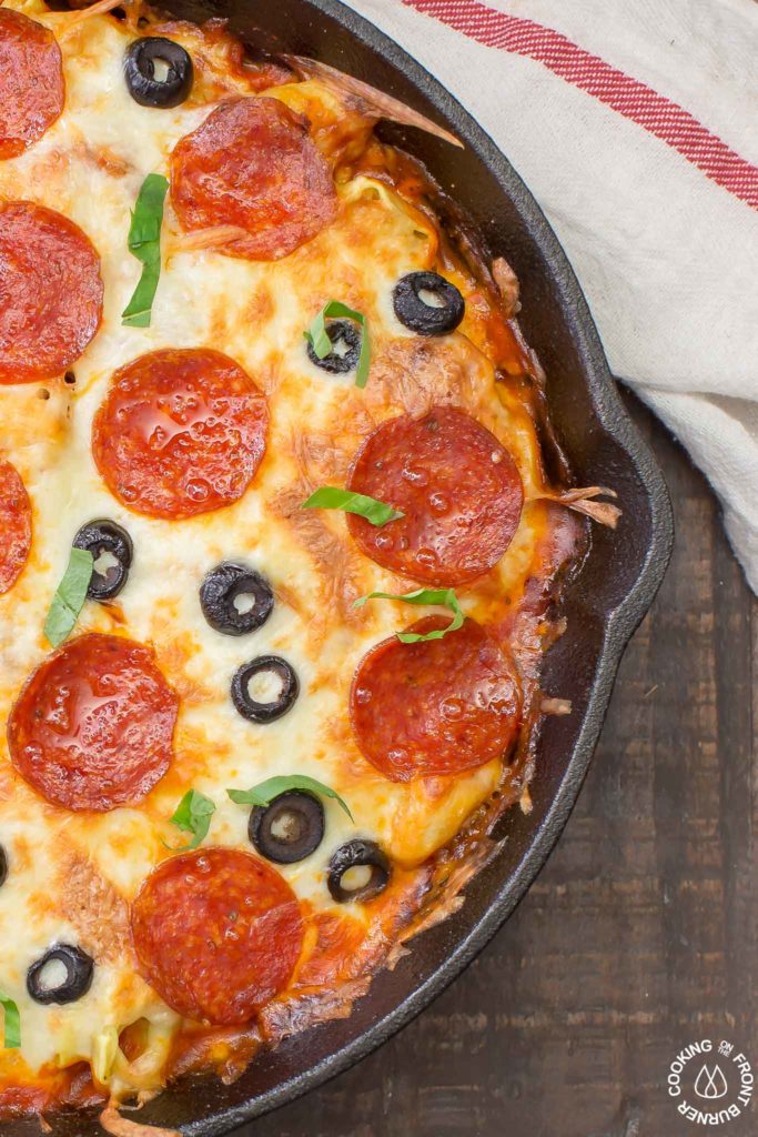 In 30 minutes you can serve this Pizza Tortellini Skillet Casserole on the family table.  Talk about freaky fast and delicious!  It's a very comforting dish with tender cheese pasta, a rich marinara sauce, pepperoni, olives and two kinds of cheeses and all baked in one skillet!   #skillet #pasta #casserole #30minute