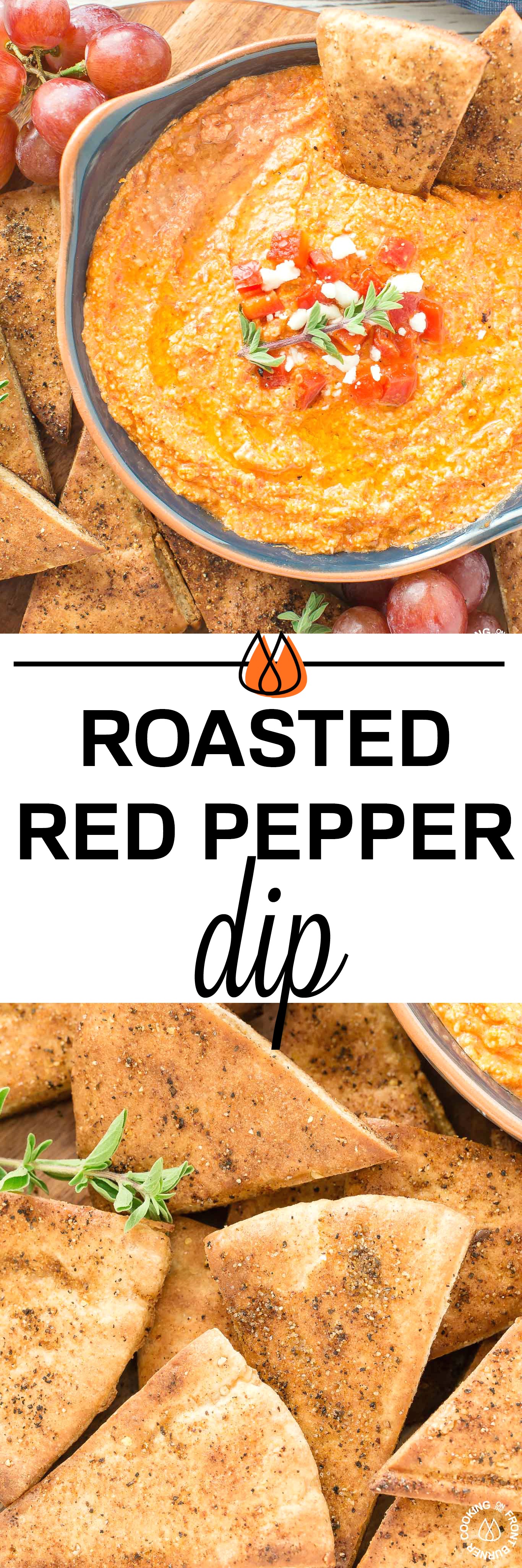 This Roasted Red Pepper Dip is an easy as throwing all the ingredients in a food processor, giving it a 30 second whirl and on your table in no time.  The Mediterranean flavors are perfect with toasted pita bread that you can also season up and bake as dippers. #redpepperdip #appetizer