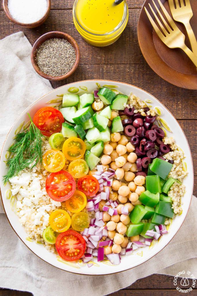 greek quinoa salad in a bowl