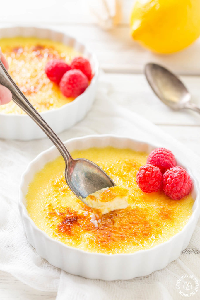 spoon in lemon creme brulee