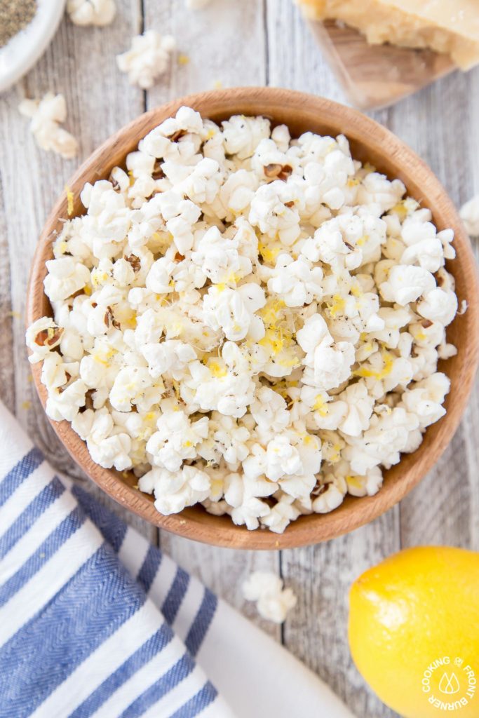 Lemon parmesan popcorn in a bowl