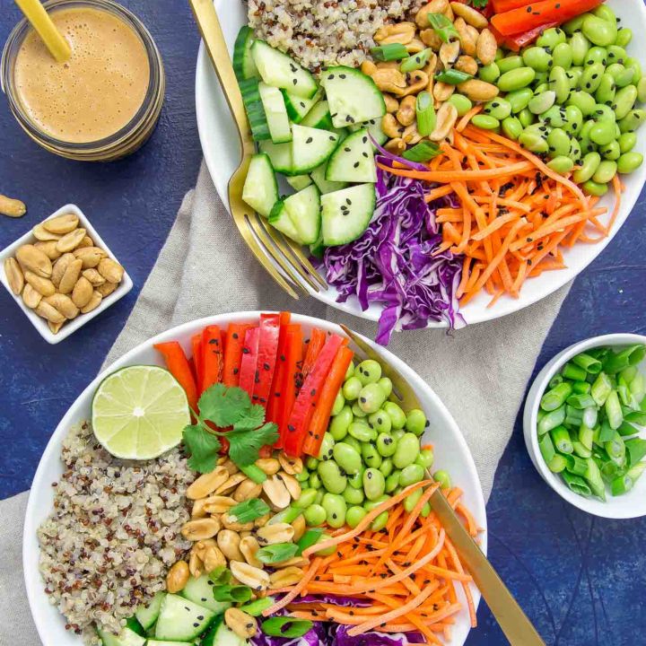 This vibrant Asian Quinoa Bowl & Peanut Dressing is loaded with fresh ingredients and tossed with a ginger-garlic homemade peanut dressing.  You will love how easy it is to prepare and makes a great lunch, picnic or side dish.  