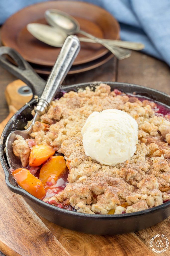 ice cream on blueberry peach skillet cobbler