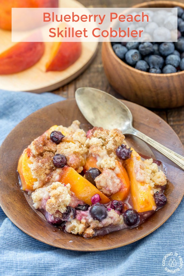 How does an easy Blueberry Peach Skillet Cobbler sound for a quick summer dessert? This tasty treat has juicy peaches and blueberries with a crunchy oatmeal topping. You can kick it up with some vanilla ice cream too!
