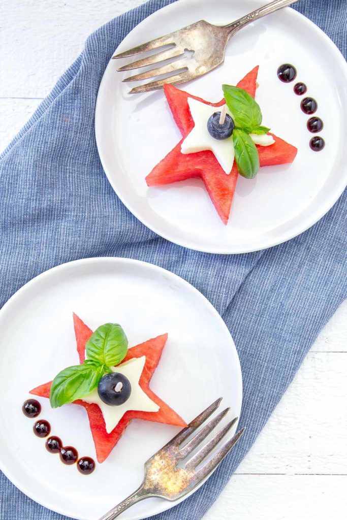 Watermelon, mozzarella and basil on a plate