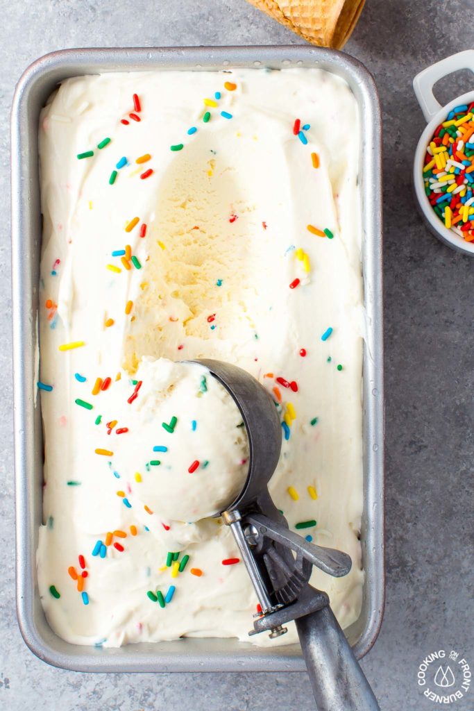 no churn birthday cake ice cream in a loaf pan