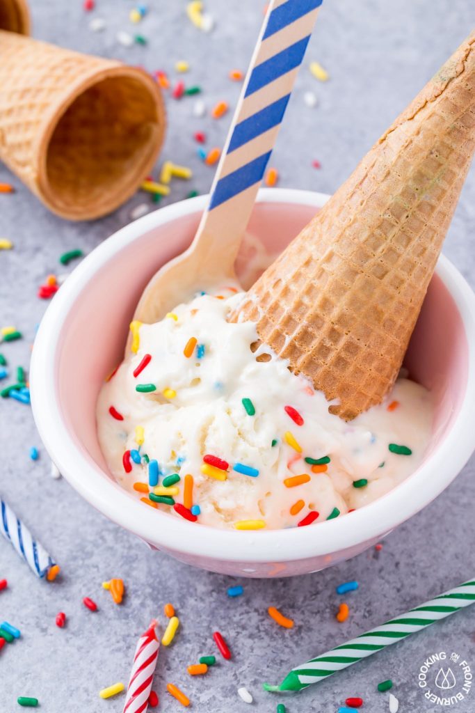 ice cream on a cone in a bowl