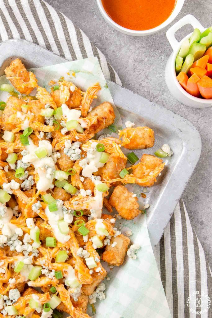 Buffalo Chicken Totchos on a serving dish