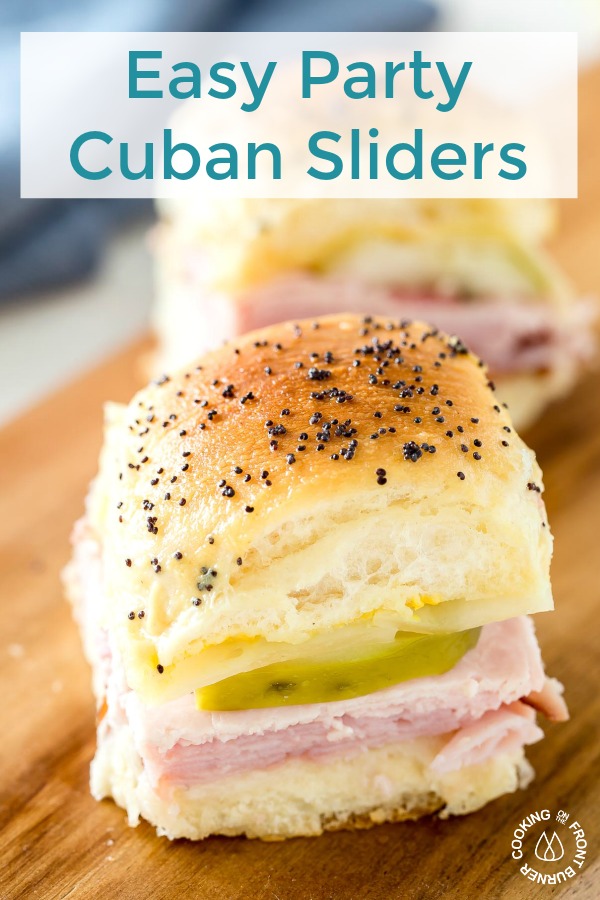 These Easy Party Cuban Sliders are loaded with ham, pork, swiss cheese, pickles and topped with a tangy Dijon mustard poppy seed spread. #gametimefood #party #sandwiches #sliders #gameday
