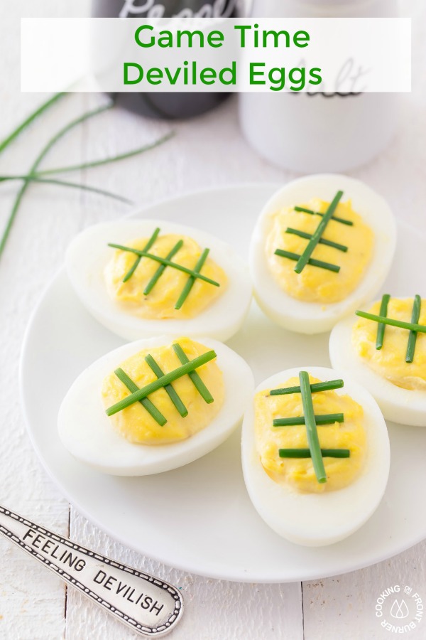 Are you ready for some football! Bet you can't just eat one of these Game Time Deviled Eggs! This classic recipe is sporting a new look and ready for your football party as you are cheering on your favorite team! #deviledeggs #appetizer #tailgating #football #party