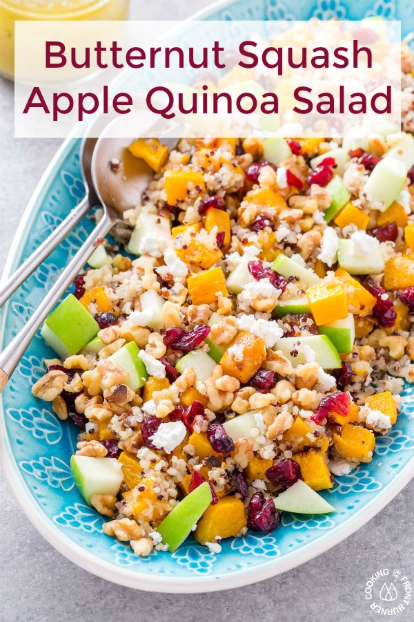 This roasted Butternut Squash Apple Quinoa Salad is loaded with seasonal flavors like crispy apples, tender squash, tangy cranberries, crunchy walnuts and creamy goat cheese all tossed with a tasty maple vinaigrette!