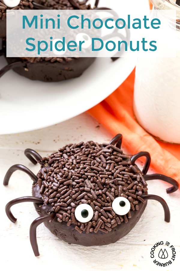 These Mini Chocolate Spider Donuts are sure to be a hit this Halloween! They are super easy to make with only five ingredients! #halloween #spiderdonuts #party #easy