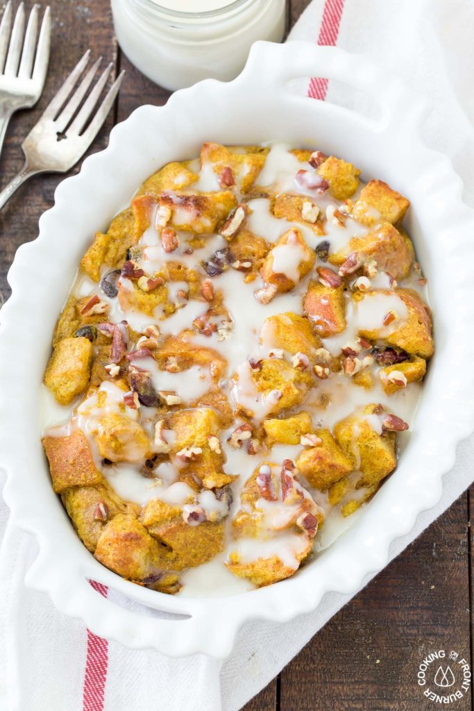 pumpkin bread pudding in a shallow dish