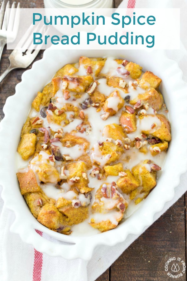This quick and easy Pumpkin Spice Bread Pudding is sure to become a fall favorite! You will love the custard texture, crunchy pecans, and tangy dried cranberries that is topped with a creamy maple glaze. #falldessert #thanksgiving #pumpkinspice