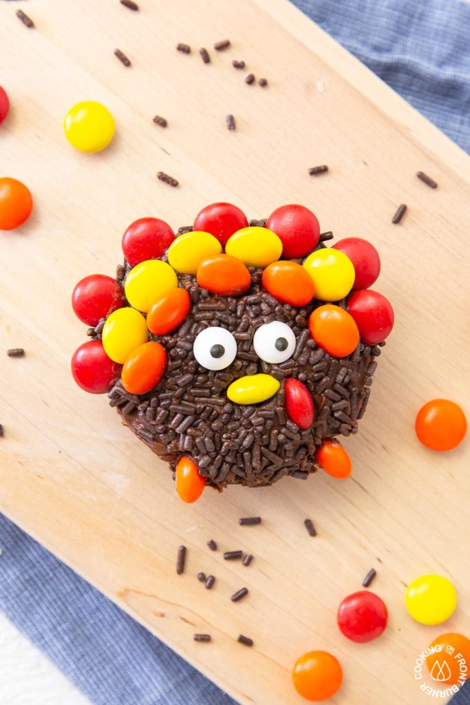 cutting board with a turkey donut on it