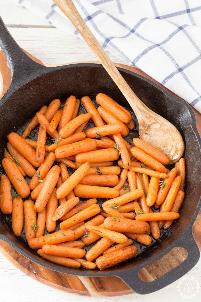 roasted carrots in a cast iron skillet