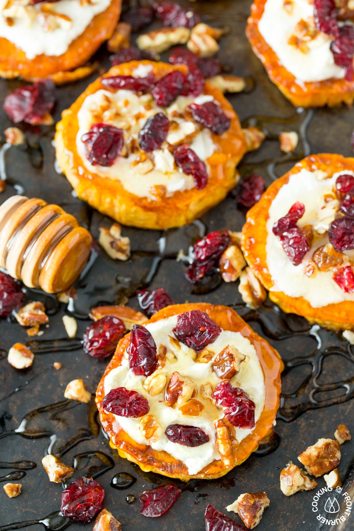 honey drizzled on sweet potato rounds