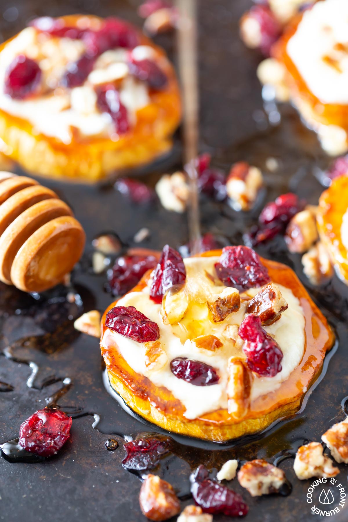 sweet potato appetizer on plate with honey drizzle