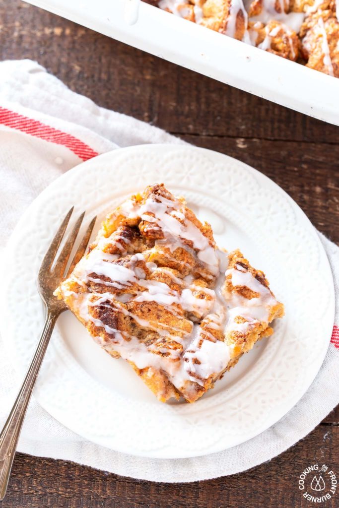 cinnamon roll bread pudding on a plate