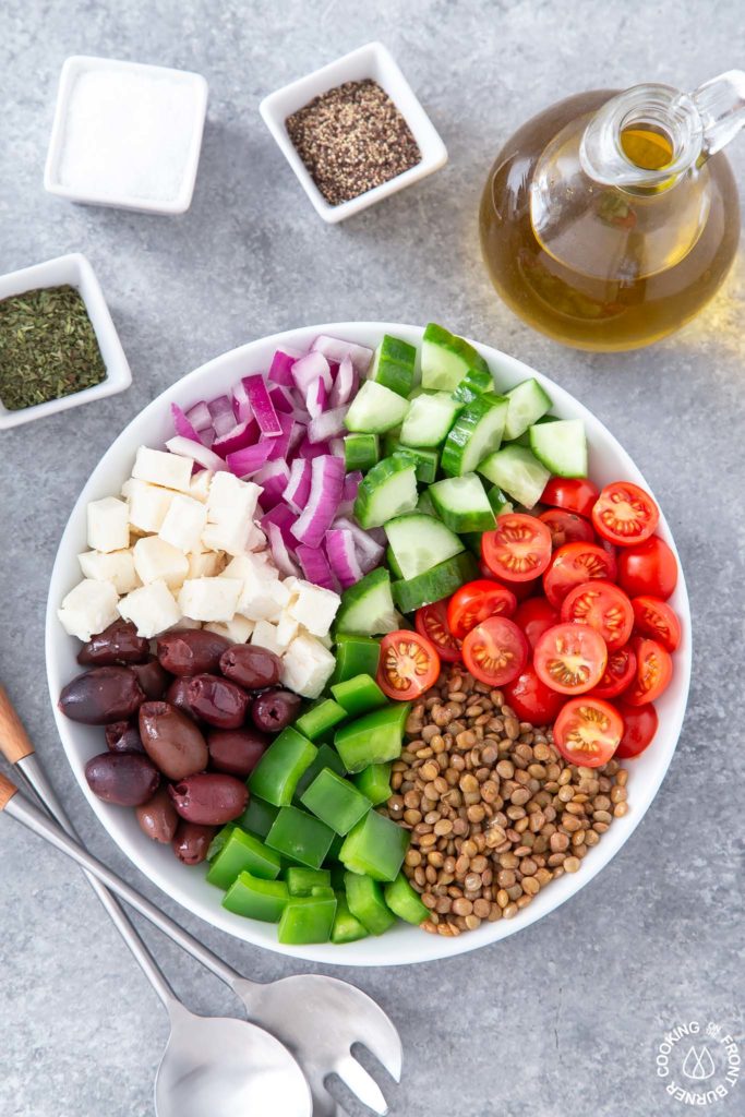 greek salad in a bowl with no dressing