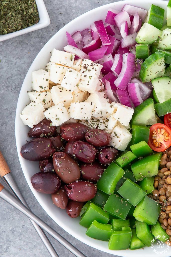 close up of greek salad in a bowl