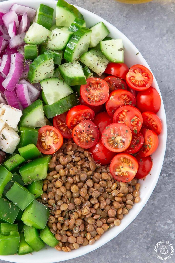 lentils, tomatoes in a bowl