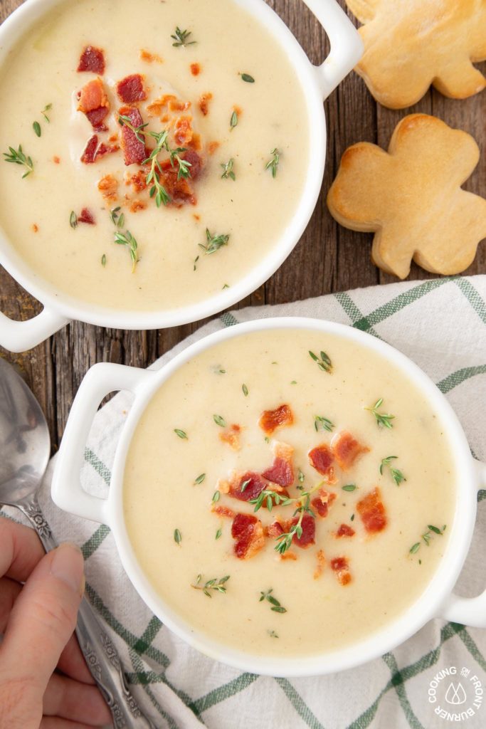 two bowls of potato leek soup