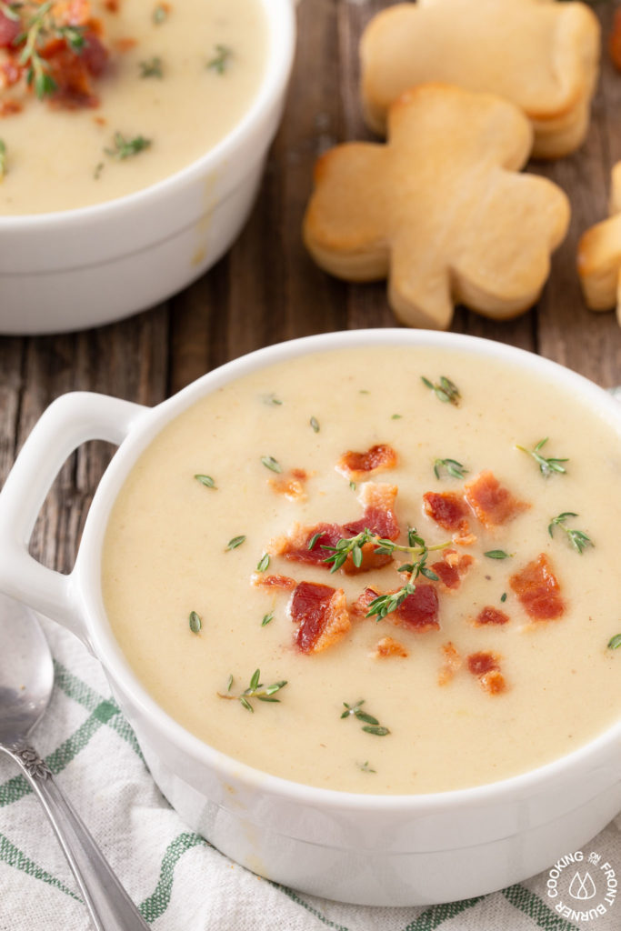 creamy potato leek soup in a bowl