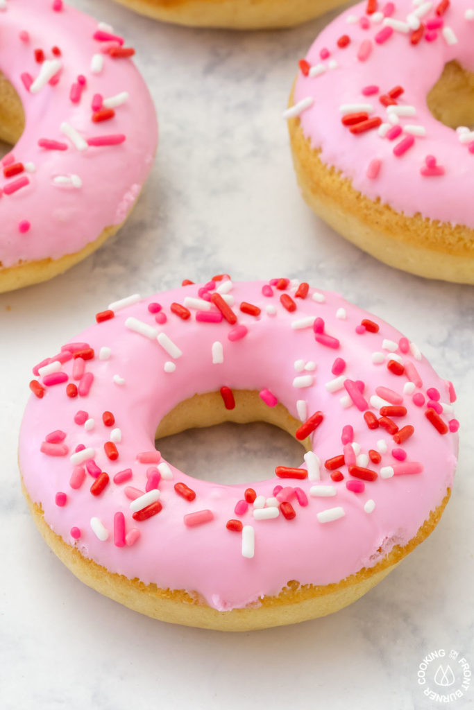 close up of a baked vanilla donut