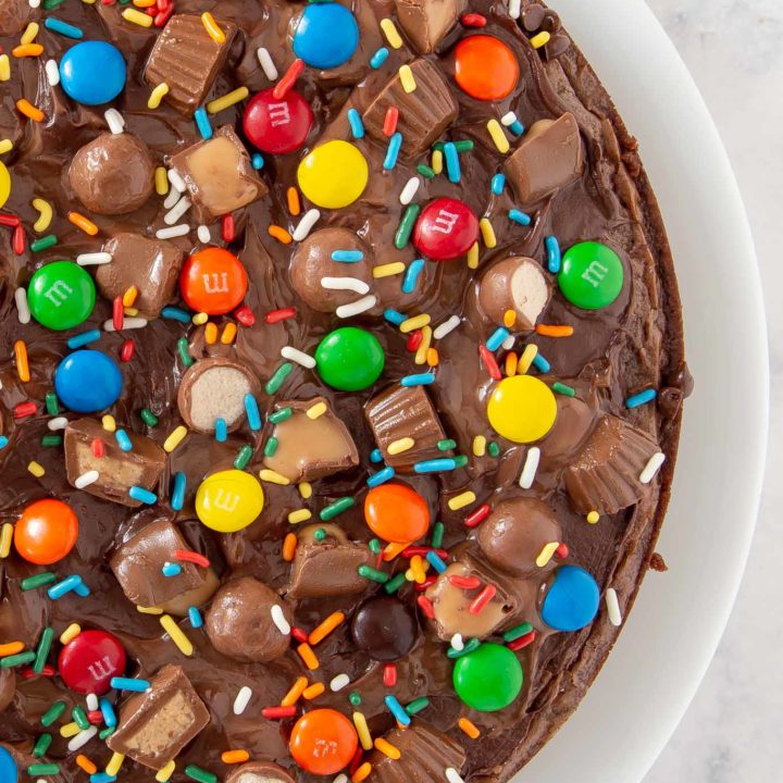 Brownie dessert pizza on a plate